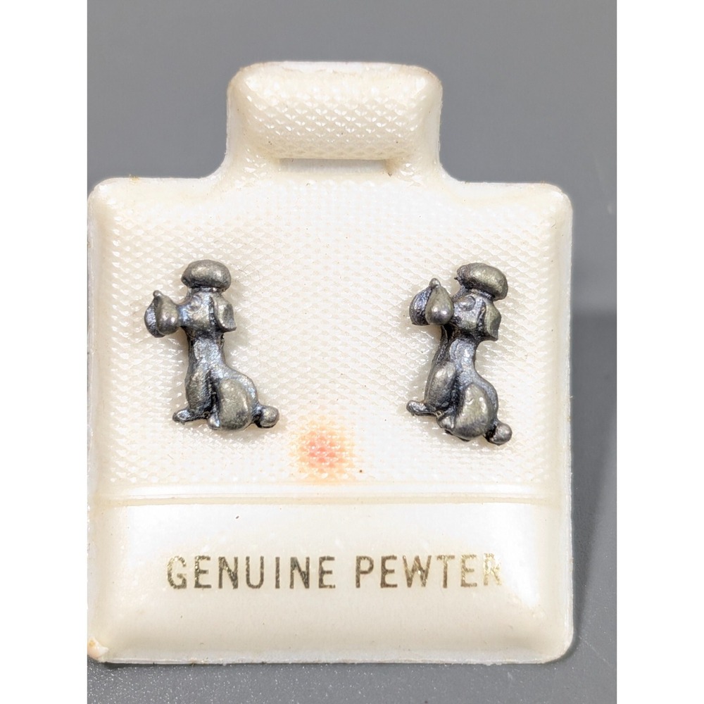 Vintage Genuine Pewter Puppy Dog‎ Poodle Pierced Earrings Silver Tone Tiny Cute